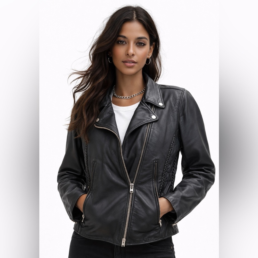 Women’s Black Genuine Leather Moto Jacket 4XL – Oversized Biker Motorcycle Style